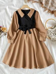 Sparklyn 女孩时尚拼色连衣裙，带腰带和纽扣细节，适合学校或休闲穿着的 A 字裙，可机洗，涤纶混纺，春夏秋季，时尚腰带连衣裙 | 闪亮面料，可爱的连衣裙 - 彩色 - 查看 3