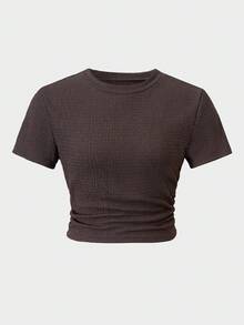 SHEIN Sparklyn 2pcs/Set Teen GirlTextured Fabric Mandarin Collar Short Sleeve T-Shirt + Casual Long Pants - Coffee Brown - View 3