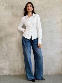 SHEIN LUNE 女式新款时尚百搭通勤缎面褶皱腰修身纽扣长袖衬衫 - 白色 - 查看 5