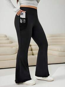 SHEIN CURVE+ 大码女装秋冬返校休闲家居服瑜伽舒适户外纯黑色针织弹力腰高腰口袋喇叭裤，带口袋打底裤 - 黑色 - 查看 3