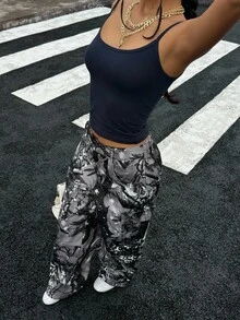 SHEIN EZwear Quần ống rộng túi hộp họa tiết cành cây thường ngày cho nữ - Nhiều màu - Xem 3