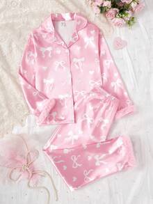 Girls Casual 2 Pieces Set, Featuring Cartoon Bow Pattern, Fluffy Cuff Long Sleeve Top And Long Pants, Pink, Comfortable Loungewear Fall Winter - Pink - View 11
