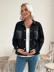 SHEIN Maternity Drop Shoulder Front Button Casual Versatile Short Regular Jacket - Black - View 4