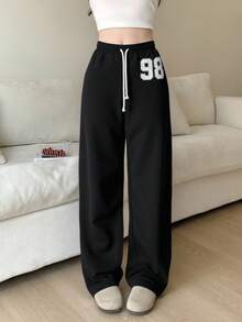 TEENGIRL 黑色低腰运动裤，休闲数字印花街头风格长裤，适合所有季节 - 黑色 - 查看 3