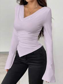 Zielony Scoop Neck Asymmetrical Neck Asymmetrical Hem Knit T-Shirt, Cinched Waist Fall Cloth For Women - Mauve Purple - View 5