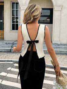 Serisse Elegantes Damen Strickoberteil mit Kontrastbesatz und Bindedetail - Beige - Übersicht 3