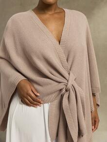 EMERY ROSE Poncho de punto de unicolor con lazo para mujer talla grande, cárdigan simple y elegante para otoño - Caqui - Ver 4
