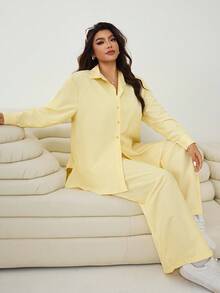 SHEIN EZwear Bộ 2 món áo dài tay kẻ sọc thường ngày cỡ lớn và quần ống rộng - gừng - Xem 3