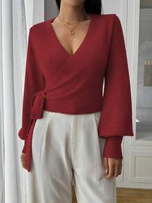 EMERY ROSE Floral Wrap-Style Cropped V-Neck Tie-Waist Long Puff Sleeve Casual Elegant Women Sweater - Burgundy - View 5