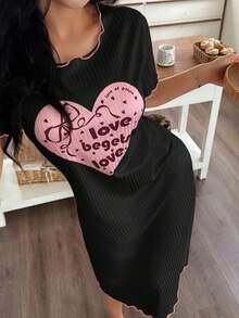 SHEIN Heart Textured Hem Casual Women Nightgown, Moo Moo Night Dress - Black - View 4