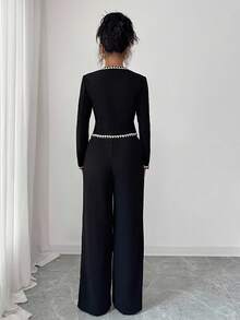 Selianne Vintage V-Neck Elegant Button Decorated Long Sleeve Blouse With Pockets, Contrast Trim, Retro Pockets, Contrast Trim, Vintage Black, Sophisticated Commuter Casual Office 2 Pieces Set