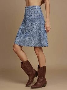 WESTFADE 高腰四口袋西部风格A字波西米亚佩斯利提花牛仔迷你裙，休闲可爱秋季乡村西部风女装 - 中等水洗藍 - 查看 5