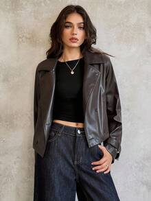 SHEIN Unity 女士新款时尚复古休闲宽松翻领长袖双排扣 PU 皮夹克外套 - 棕色 - 查看 6