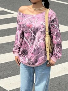 Muchica Sudadera de mujer con estampado retro de hombros descubiertos en color rosa, de uso casual para otoño/invierno