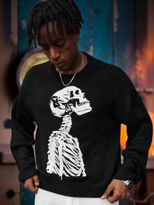 Manfinity Roghcode Men's Skull Pattern Crew Neck Long Sleeve Casual Sweater Skeleton Graphic Sweater Goth Sweater  Halloween Party, - Multicolor - View 3