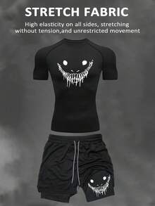 Manfinity Sport Corelite Men's Sports Set, T-Shirt And Shorts, Fashionable For Summer Workout Clothes Running Sets - Black - View 1