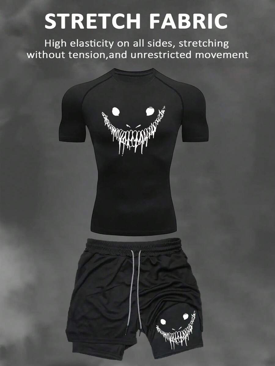 Manfinity Sport Corelite Men's Sports Set, T-Shirt And Shorts, Fashionable For Summer Workout Clothes Running Sets - Black - View 1