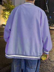 Claim Dot 宽松版型男式字母图案条纹落肩灯芯绒运动夹克，秋冬 - 紫色 - 查看 2