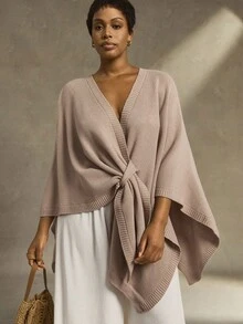 EMERY ROSE Poncho de punto de unicolor con lazo para mujer talla grande, cárdigan simple y elegante para otoño - Caqui - Ver 7