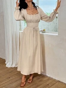 Serisse 女士优雅浪漫方领褶饰连衣裙 - 杏色 - 查看 10