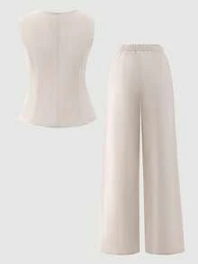 SHEIN Set de 2 piezas: Top de tirantes unicolor y pantalones de pierna ancha con decoración de dobladillo plisado, para chicas adolescentes, estilo elegante y holgado - Albaricoque - Ver 2