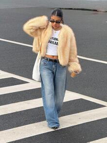 Muchica 女式卡其色长袖休闲蓬松夹克（秋冬） - 卡其色 - 查看 3