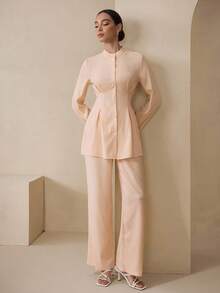 Graceveil 女士粉色长袖束腰衬衫和高腰松紧腰阔腿裤两件套 - 珊瑚粉 - 查看 7