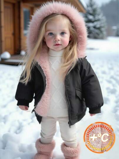 SHEIN معطف مبطن بالفرو مع قبعة للبنات الصغيرات، مناسب للخريف والشتاء