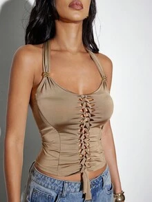 Denimoi Cut Out Lace Up Halter Top Sexy Top Clubwear Clubbing GNO Fashionable - màu nâu - Xem 2