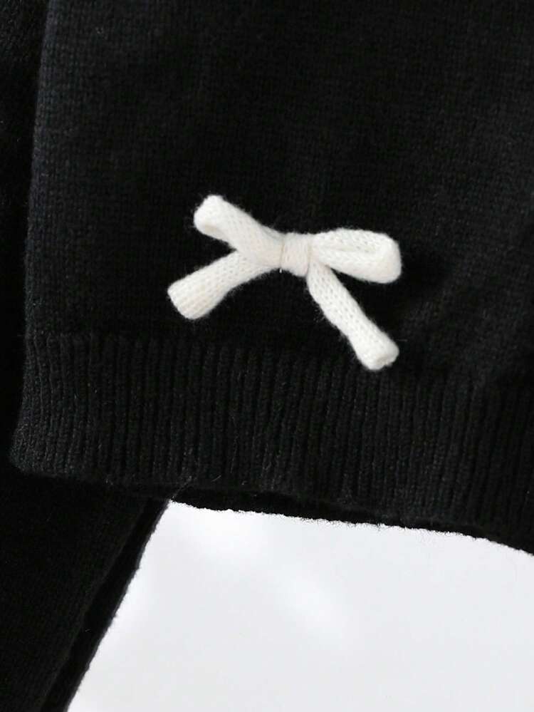 SHEIN Tween Girl 米色休闲别致时尚可爱柔软简约温暖百搭优雅 3D 蝴蝶结针织开衫，适合居家、日常、学校、户外、派对、秋冬季 - 黑色 - 查看 3