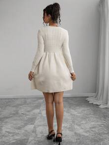 Momance Solid Color Waist Twist Knit Sweater Dress, Maternity Long Sleeve A-Line Knitted Dress For Autumn/Winter - Beige - View 2