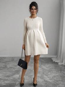 Momance Solid Color Waist Twist Knit Sweater Dress, Maternity Long Sleeve A-Line Knitted Dress For Autumn/Winter - Beige - View 6