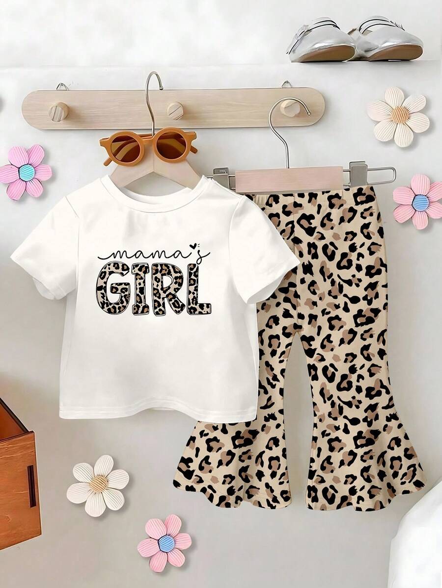 SHEIN Playful Pals 女童豹纹字母图案喇叭裤套装，可爱休闲，适合外出 - 彩色 - 查看 1
