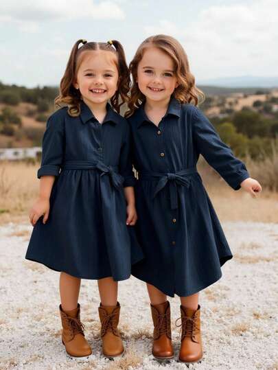 SHEIN 年轻女孩梭织纯色修身休闲衬衫裙