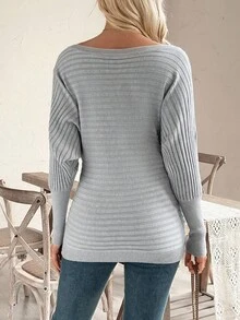 SHEIN Maternity Solid Color Crew Neck Pullover Sweater, Knitted Batwing Long Sleeve Boat Neck Ribbed Sweater For Autumn/Winter - Grey - View 2