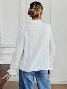 2026 Camisa casual de mujer de manga larga con bordado de plantas y abotonadura sencilla, blusas elegantes de mujer, camisa de algodón puro, blusas de mujer, blusas bohemias, estilo francés, blusa occidental, blusa con bordado floral, blusas elegantes de mujer, blusa con volantes - Azul y blanco - Ver 2