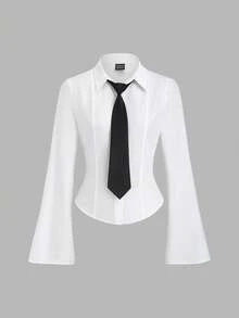 Sweetra Women's New Collegiate Basic Minimalist Commuter Cinched Waist Long Sleeve Tie Collar Blouse - White - View 1