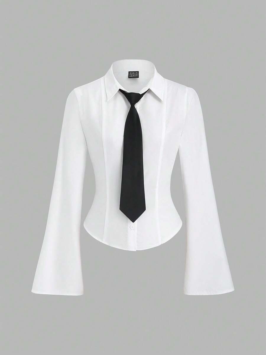 Sweetra Women's New Collegiate Basic Minimalist Commuter Cinched Waist Long Sleeve Tie Collar Blouse - White - View 1