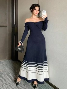 DAZY Autumn/Winter Fitted Off Shoulder Twist Knot Striped Color Block Party Dress, Fashion Cocktail Sweater Dress - Navy Blue - View 4