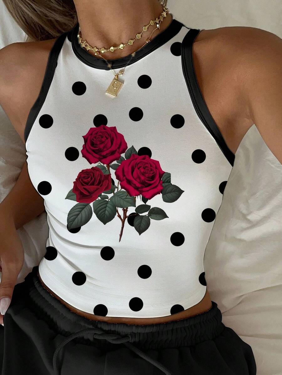 SHEIN EZwear Áo ba lỗ cổ tròn họa tiết chấm bi hoa hồng đơn giản, giản dị dành cho nữ, phù hợp cho mùa hè - trắng - Xem 1