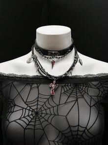 EgrlEra Women's Punk Style Black Flocked Spider Web Mesh Ruched Long Sleeve Dress, Suitable For Party - Black - View 3