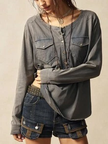 Bohemela 大码女式休闲水洗复古半扣衬衫 - 黑色 - 查看 2