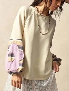 Bohemela Áo nỉ tay dài cổ tròn dệt kim chắp vá thông thường dành cho nữ vào mùa thu/đông - Màu Khaki - Xem 4