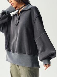 Bohemela 秋冬波西米亚风羊毛休闲纯色针织半拉链长袖宽松水洗女式运动衫 - 深灰色 - 查看 5