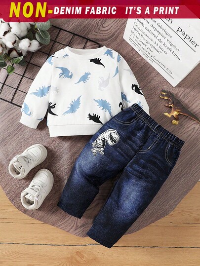 SHEIN Baby Boy Dinosaur Print Long Sleeve Top And Elastic-Waist Jeans-Style Pants, Fall/Spring