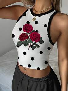 SHEIN EZwear Áo ba lỗ cổ tròn họa tiết chấm bi hoa hồng đơn giản, giản dị dành cho nữ, phù hợp cho mùa hè - trắng - Xem 7