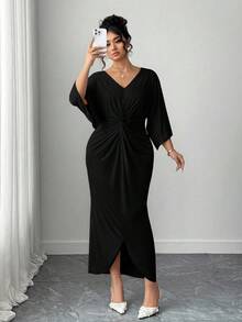 Elenzga 大码女式优雅针织高弹力V领扭纹设计蝙蝠袖中长连衣裙 - 黑色 - 查看 4