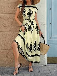 Breezaya Women Floral Print Round Neck Cap Sleeve Ruffle Hem Vacation Dress - Apricot - View 1