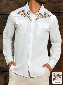 Manfinity Nomadique 男士成熟度假前刺绣双口袋长袖衬衫 - 白色 - 查看 5