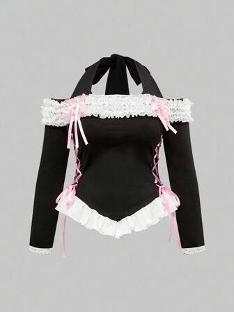 Camiseta de manga larga con parches de encaje y moño estilo Kawaii, talla grande, para mujer, otoño/invierno